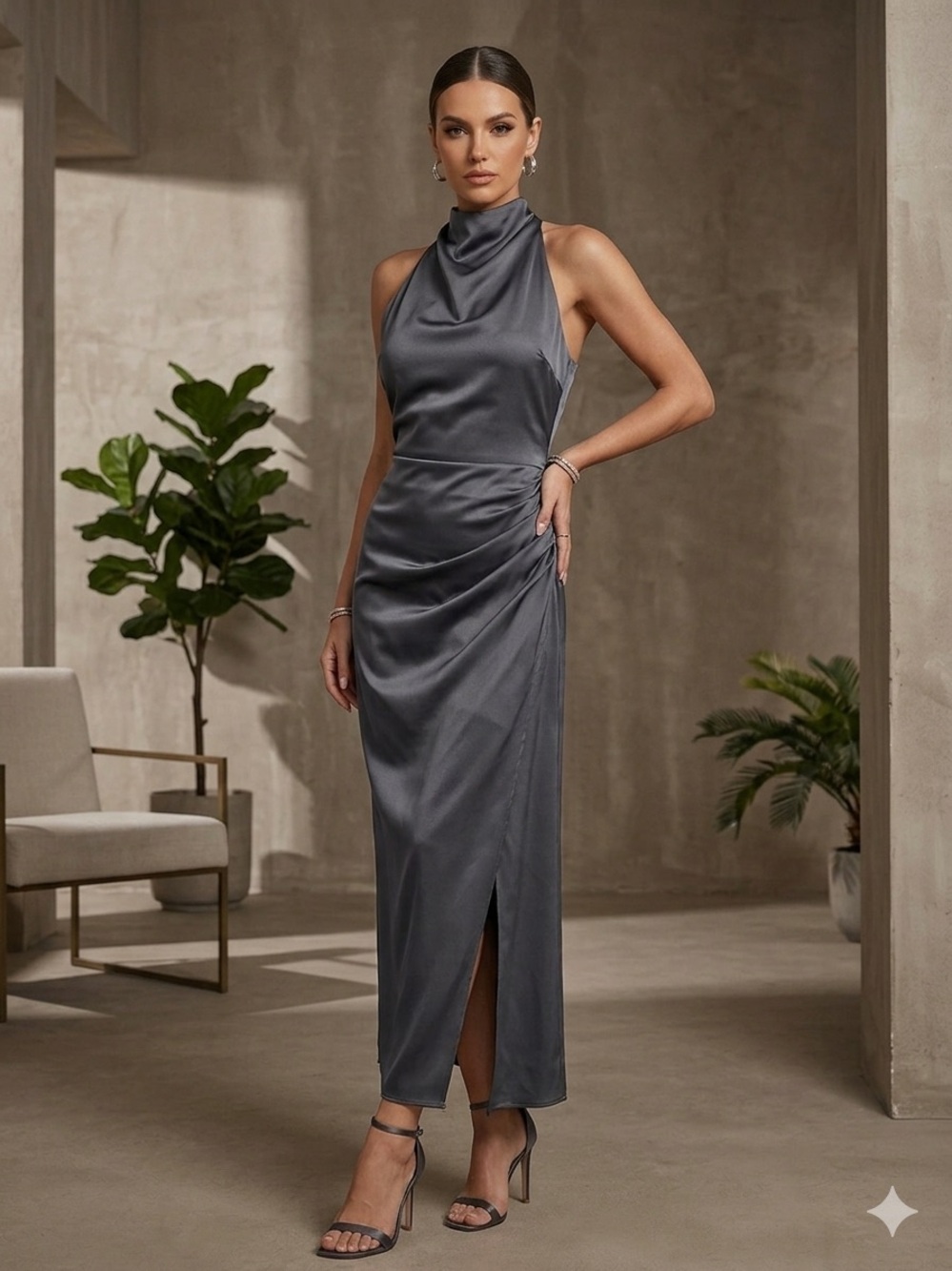 Donna Karan Charcoal Gray Satin Halter Maxi Dress